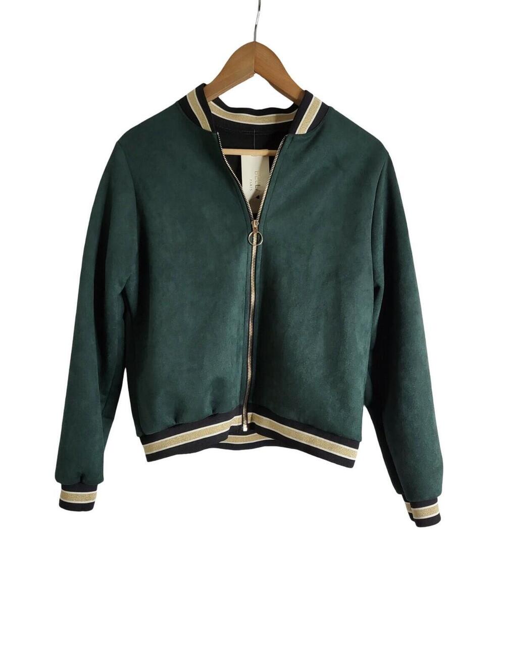 Bella Paris Greenville Suede Bomber Jacket Full Zip Striped Ribbed Size S/M